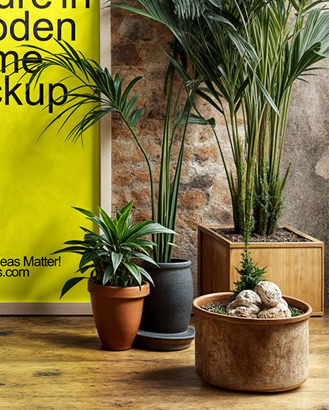 Wooden Framed Poster in a Plants Interior Mockup