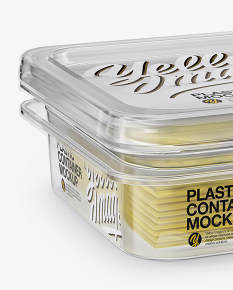 Transparent Container with Wrapped Sliced Cheese Packs Mockup - Half Side View (High Angle Shot)