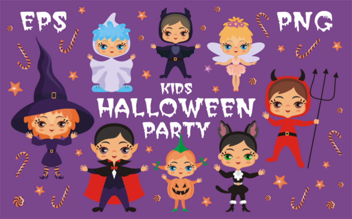 Kids Halloween party. Vector clip arts.