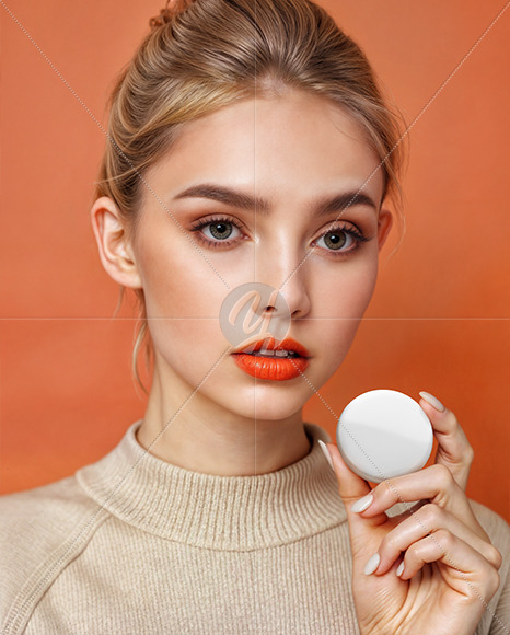 Young Woman Holding a Pin-Back Button Mockup