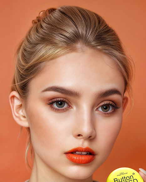 Young Woman Holding a Pin-Back Button Mockup