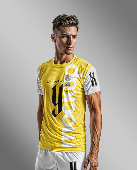 Man Wearing a Crew Neck Soccer Jersey and Shorts Mockup