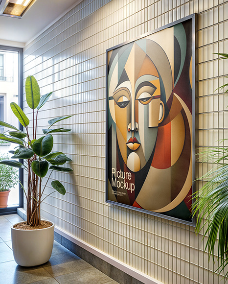Framed Poster on a Tiled Wall Mockup