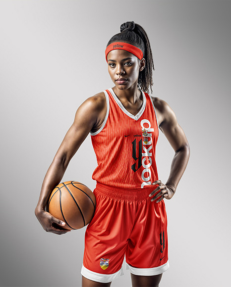 Woman Wearing a V-Neck Basketball Jersey and Shorts Mockup