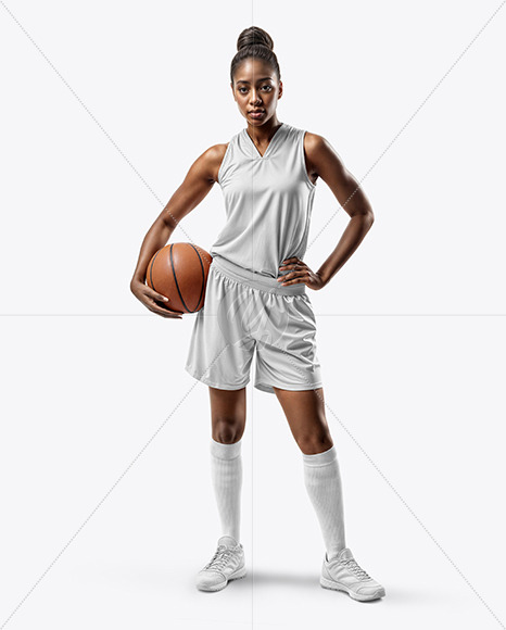 Black Woman Wearing a Full Basketball Kit with Ball Mockup