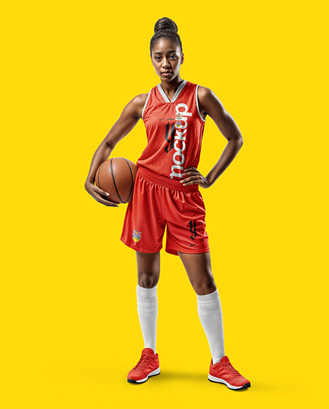 Black Woman Wearing a Full Basketball Kit with Ball Mockup