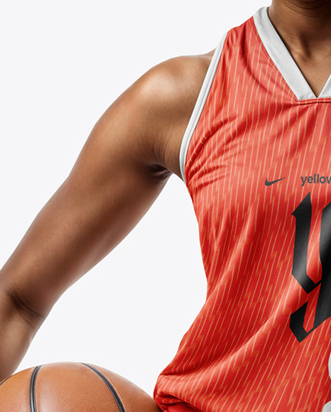 Black Woman Wearing a Full Basketball Kit with Ball Mockup