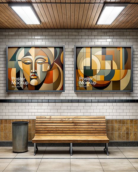 Two Framed Posters on a Subway Station Wall Mockup