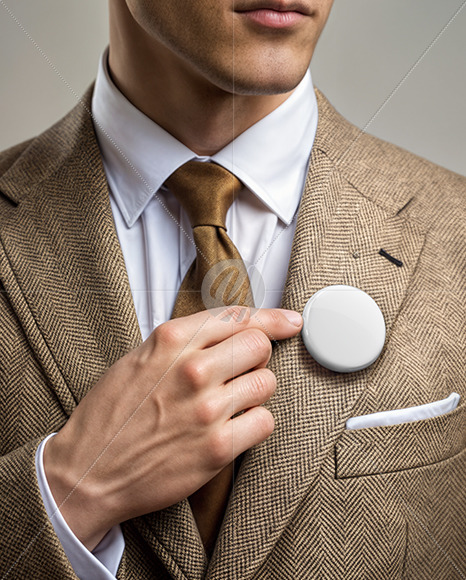 Man Wearing Tweed Jacket Point at Pin-Back Button Mockup