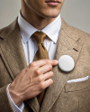 Man Wearing Tweed Jacket Point at Pin-Back Button Mockup