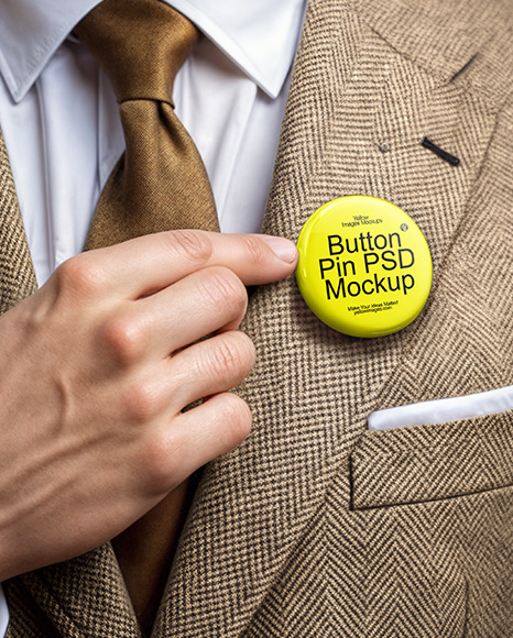 Man Wearing Tweed Jacket Point at Pin-Back Button Mockup