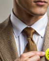 Man Wearing Tweed Jacket Point at Pin-Back Button Mockup