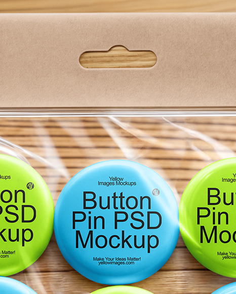 6 Pin-Back Buttons in Transparent Plastic Pack Mockup