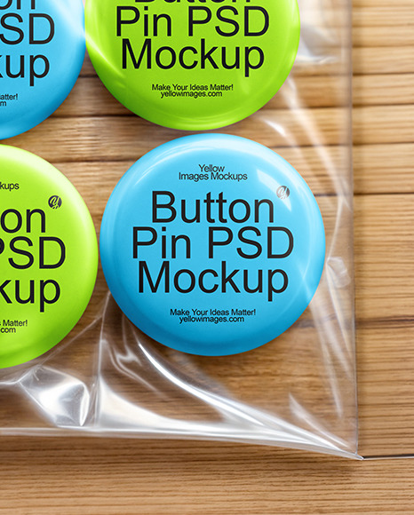 6 Pin-Back Buttons in Transparent Plastic Pack Mockup