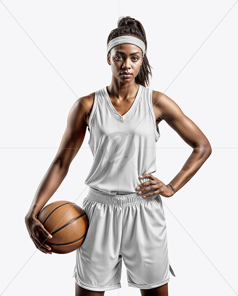 Female Basketball Player Wearing a V-Neck Jersey and Shorts Mockup