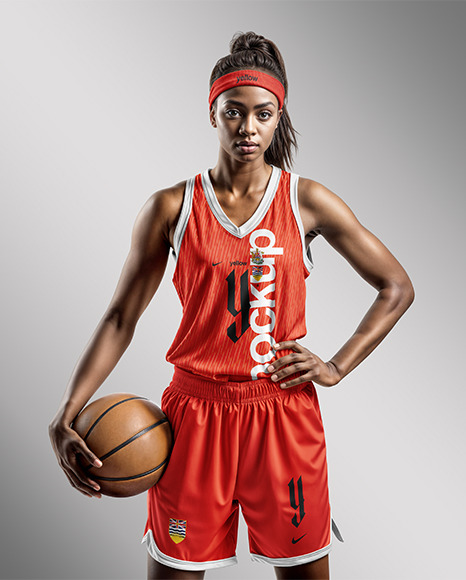 Female Basketball Player Wearing a V-Neck Jersey and Shorts Mockup