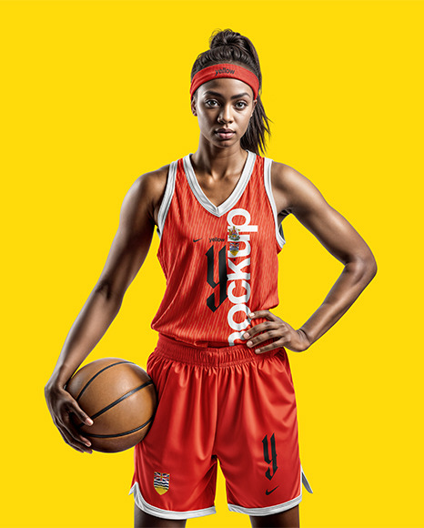 Female Basketball Player Wearing a V-Neck Jersey and Shorts Mockup