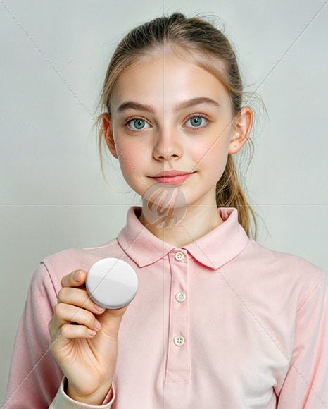 Young Girl Holding a Button Pin Mockup