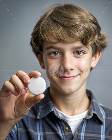 Teenage Boy Holding a Pin Button Mockup
