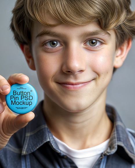 Teenage Boy Holding a Pin Button Mockup