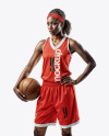Woman Wearing a V-Neck Basketball Jersey and Shorts Mockup