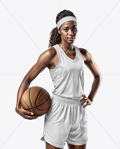 Female Basketball Player Wearing a V-Neck Jersey and Shorts Mockup
