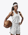 Female Basketball Player Wearing a V-Neck Jersey and Shorts Mockup