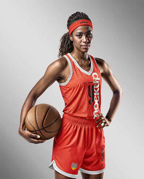 Female Basketball Player Wearing a V-Neck Jersey and Shorts Mockup