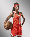 Female Basketball Player Wearing a V-Neck Jersey and Shorts Mockup
