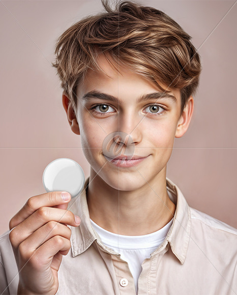 Teenage Boy Holding a Pin Button Mockup
