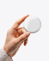 Hand Holding a Pin-Back Button Mockup