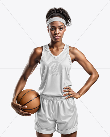 Woman Wearing a V-Neck Basketball Jersey and Shorts with a Ball Mockup