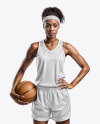 Woman Wearing a V-Neck Basketball Jersey and Shorts with a Ball Mockup