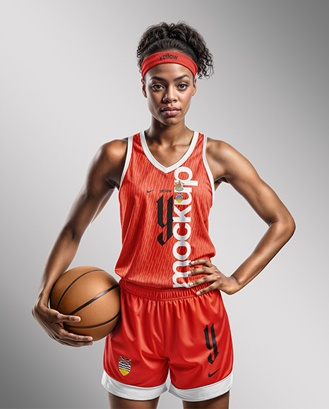 Woman Wearing a V-Neck Basketball Jersey and Shorts with a Ball Mockup