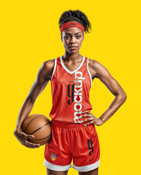 Woman Wearing a V-Neck Basketball Jersey and Shorts with a Ball Mockup