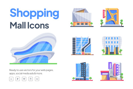 Isometric Shopping Mall Icons - Commercial buildings