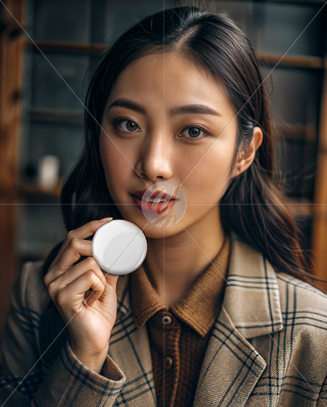 Asian Woman Holding a Button Pin Mockup
