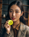 Asian Woman Holding a Button Pin Mockup