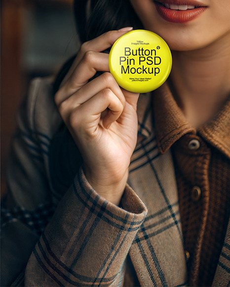 Asian Woman Holding a Button Pin Mockup