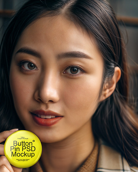 Asian Woman Holding a Button Pin Mockup