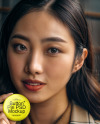 Asian Woman Holding a Button Pin Mockup