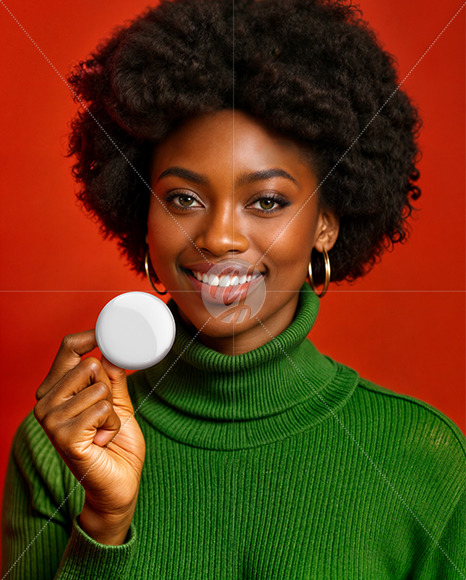 Black Woman Holding a Pin-Back Button Mockup