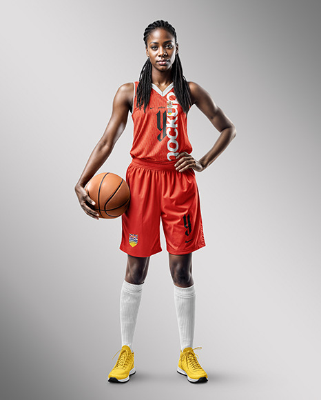 Black Woman with Braids Wearing a Full Basketball Kit Mockup