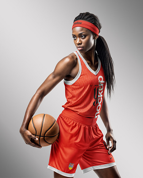 Woman Wearing a V-Neck Basketball Jersey and Shorts Mockup
