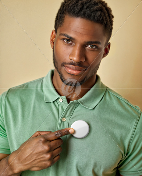 Black Man Pointing Finger at Button Pin Mockup