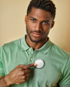 Black Man Pointing Finger at Button Pin Mockup