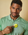 Black Man Pointing Finger at Button Pin Mockup