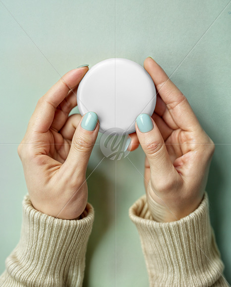 Two Female Hands Holding a Pin-Back Button Mockup