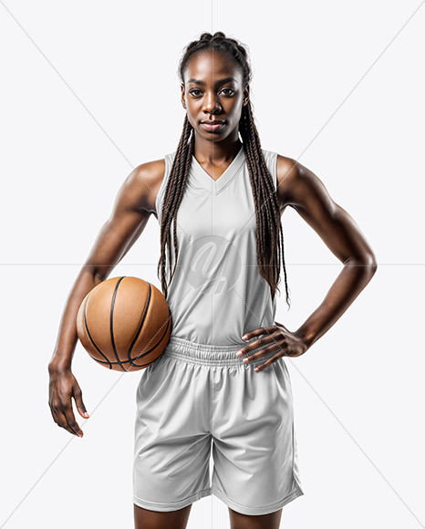 Black Woman with Braids Wearing a V-Neck Basketball Jersey and Shorts Mockup