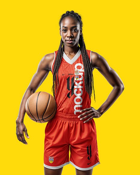 Black Woman with Braids Wearing a V-Neck Basketball Jersey and Shorts Mockup